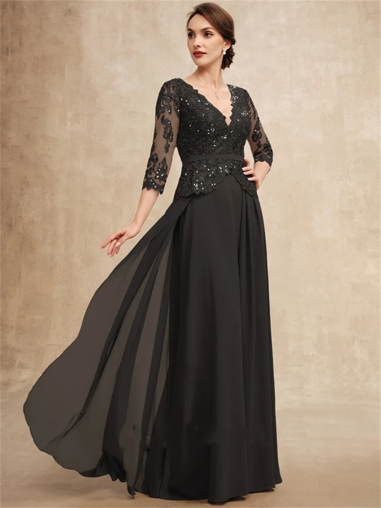 

Column Mother of the Bride Dress Plus Size Elegant Jewel Neck Floor Length Chiffon Corded Lace 3/4 Length Sleeve with Lace 2022