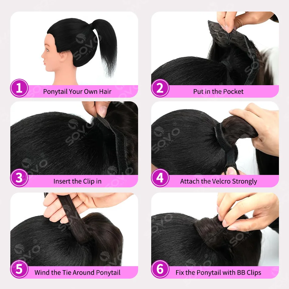 Ponytail Human Hair Extensions Straight Wrap Around Horsetail 100% Remy Human Hair 12"-28" Ponytail Extension for Women 5