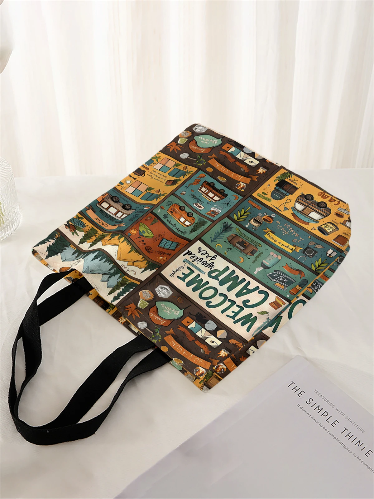 1pc,puzzle illustration style handbag, reusable fashionable handbag, multifunctional handbag, printed canvas shopping bag