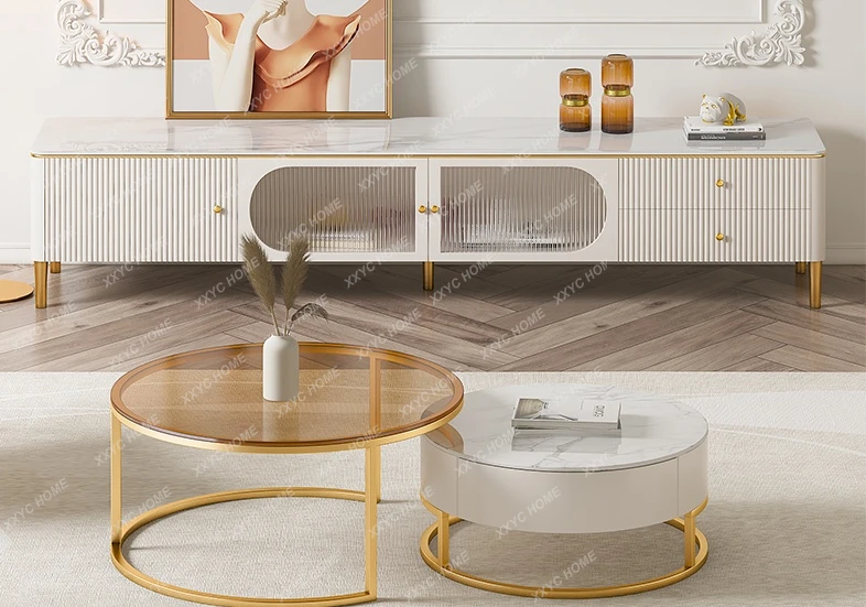 

TV Cabinet and Tea Table Combination Living Room Minimalist Premium White TV Stand