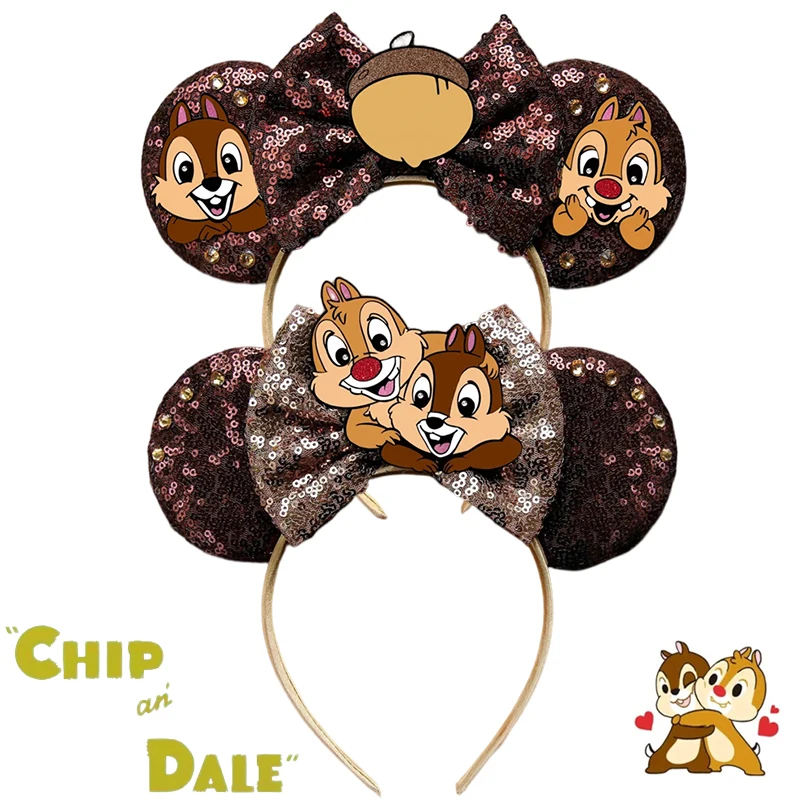 Disney Chip 'n' Dale Ears Headband For Girls Cartoon Squirrel Hair Band Women Pinecone Sequin Bow Hair Accessories Festival Gift silverbrush blackvelvet squirrel
