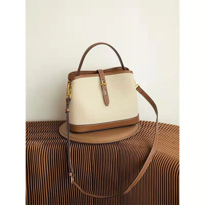 Maxdutti 2023 French Retro Color Matching Bucket Bag Genuine Leather Single Messenger Bag Shoulder Soft Leather Handbag Women