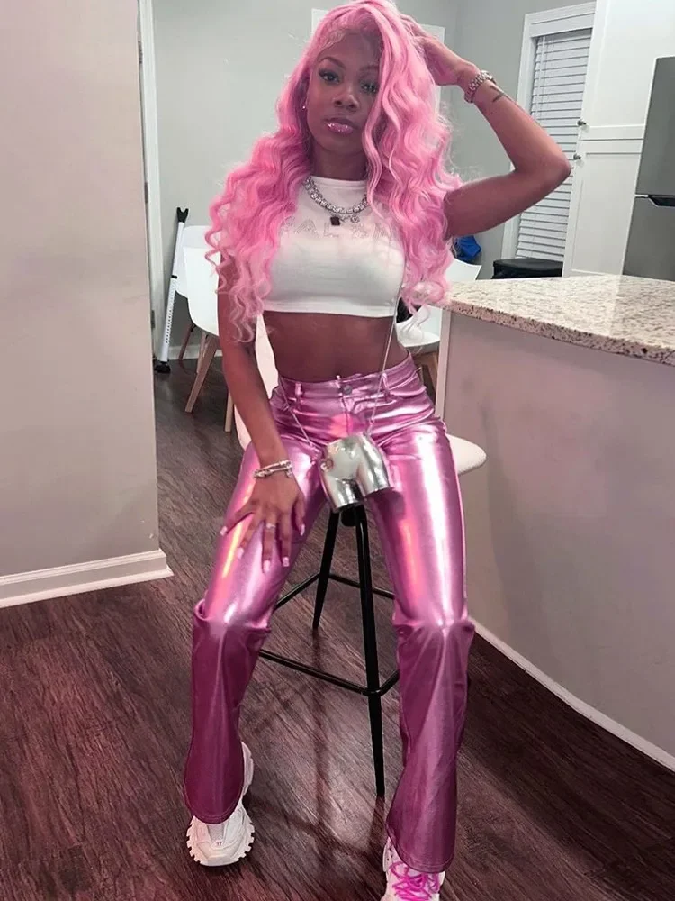 

Милые розовые блестящие расклешенные брюки со средней талией для девочек, одежда на молнии, на пуговицах, на бедрах, длинные брюки с четырьмя карманами