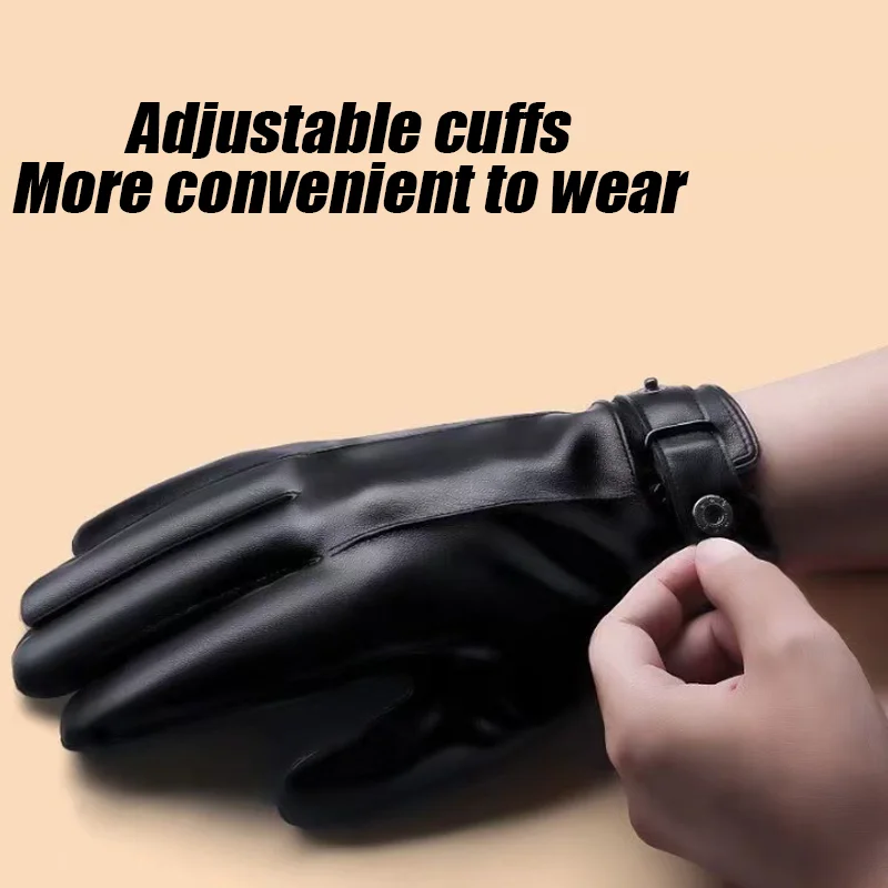 Autumn and Winter Black Gloves Men's One Pair PU Leather With Velvet Lining Gloves Waterproof for Motorcycle Riding
