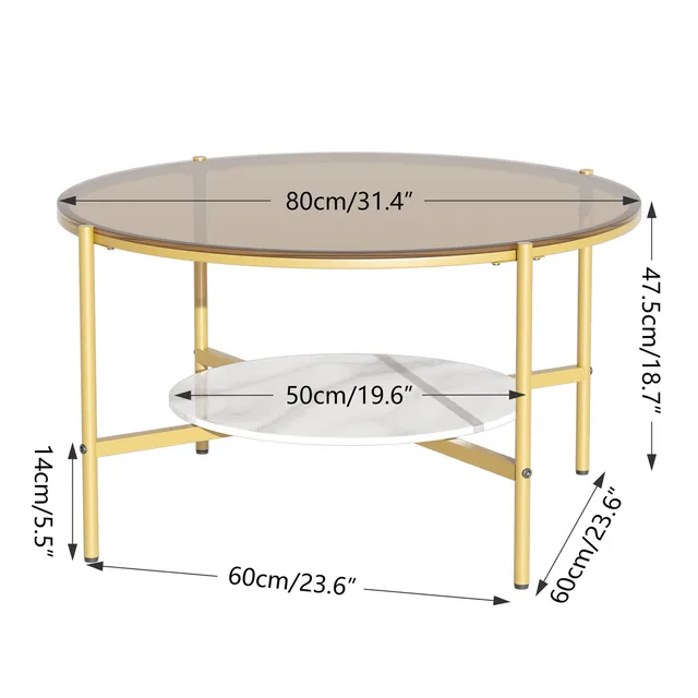 HOMPUS 32" Round Glass Coffee Table With Storage Shelf - Tempered Glass Top, Champagne Finish, Fully Assembled