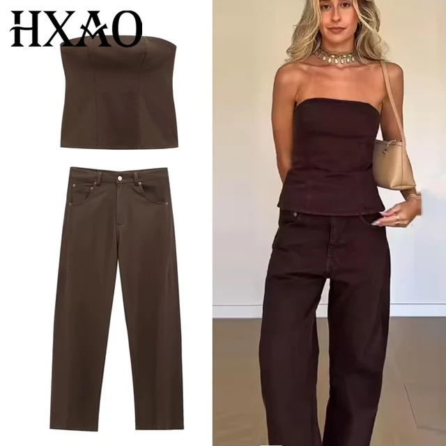 HXAO Jeans Pant Sets Women's Two Pieces Set Strapless Crop Top 2 Piece Sets Ladies Tanks & Camis Baggy Denim Set Summer Outfits