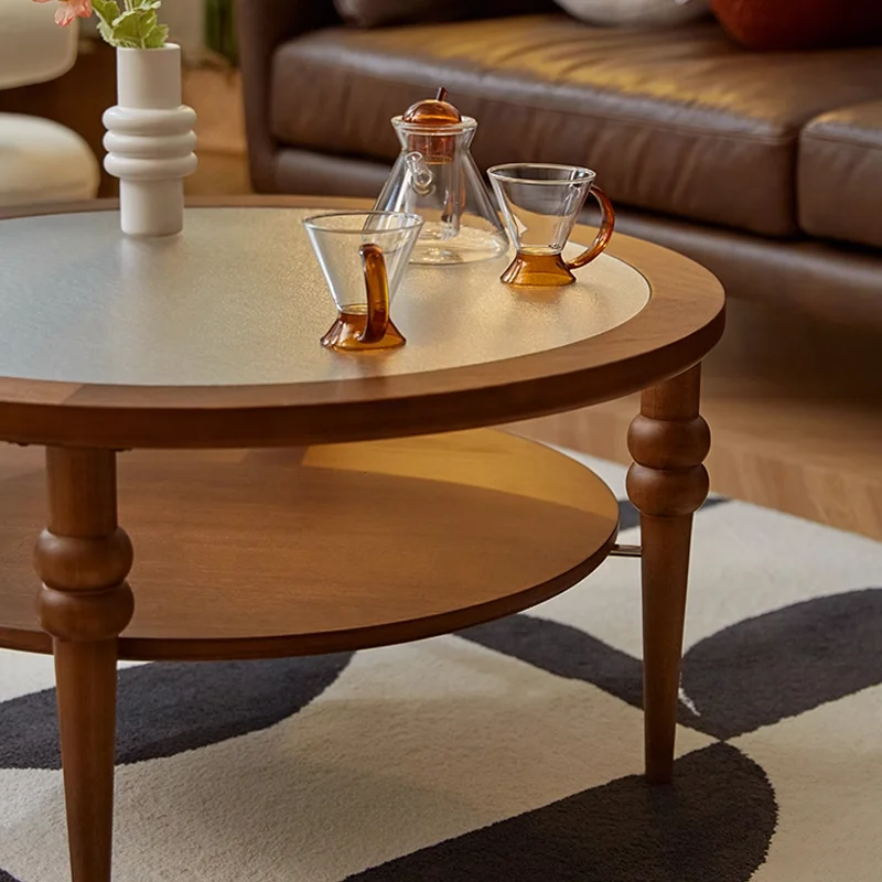 

Solid wood circular glass coffee table, living room, small household, light luxury and simple circular coffee table