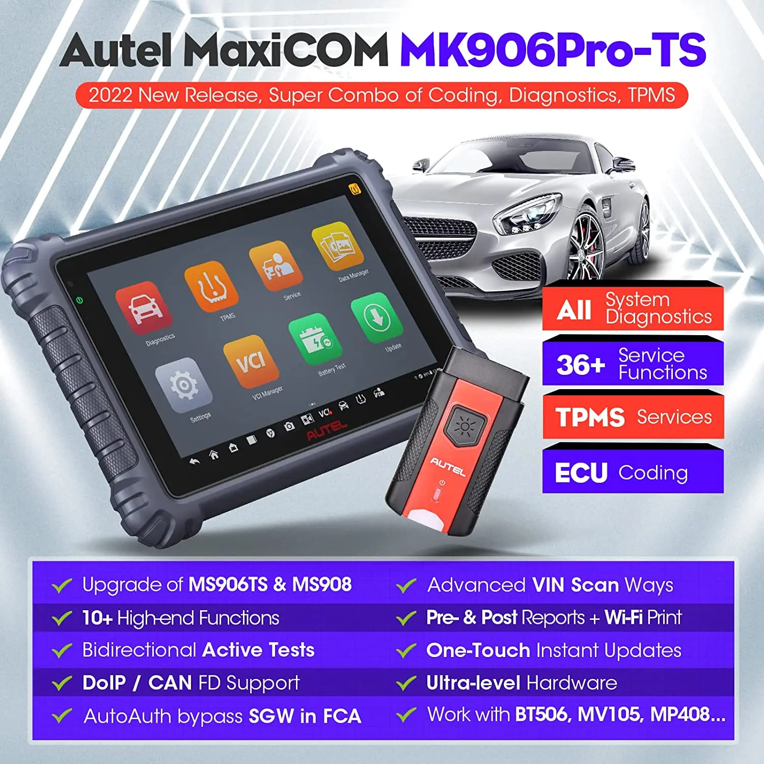 Autel-自動車診断ツールmaxicom MK906PRO-TS,OBD2,双方向スキャン,診断,コード,プログラミング