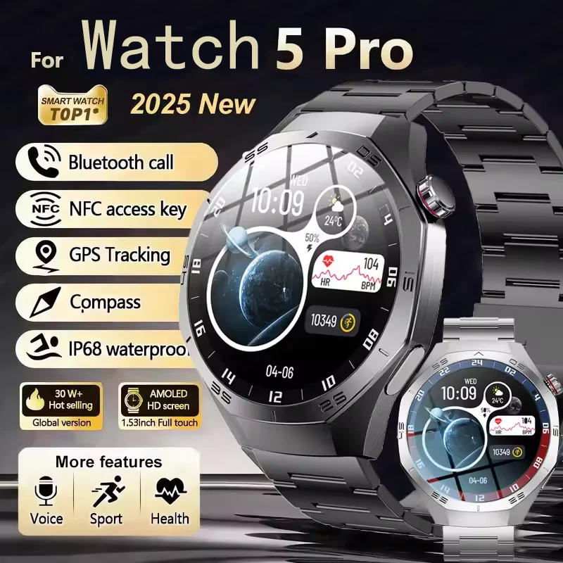 2025 New Watch 5 Pro NFC Smart Watch Men HD AMOLED Screen GPS Motion trajectory HeartRate Bluetooth Call 1.52″ SmartWatch IP68
