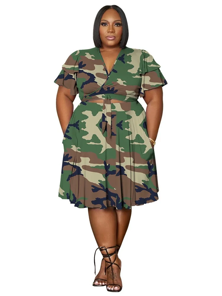 Wmstar Plus Size Shorts Sets Casual V Neck  Crop Top and Short Skirts Two Piece Women Matching Outfits Wholesale Dropshipping