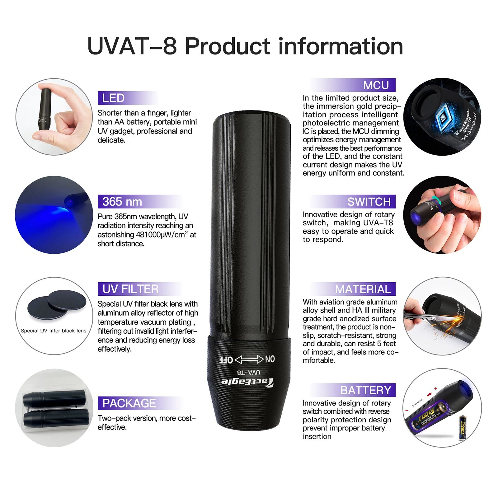 EDC 1W UV LED Light 365nm Mini Flashlight Head Rotary Switch One Mode AA Battery Torchlight Torch Lamp