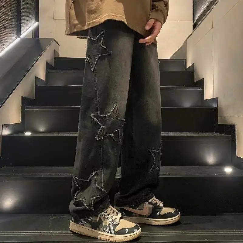 Y2K American High Street Fashion Jeans Vintage Men Star Aesthetic Spliced Denim Straight Loose Wide Leg Pants