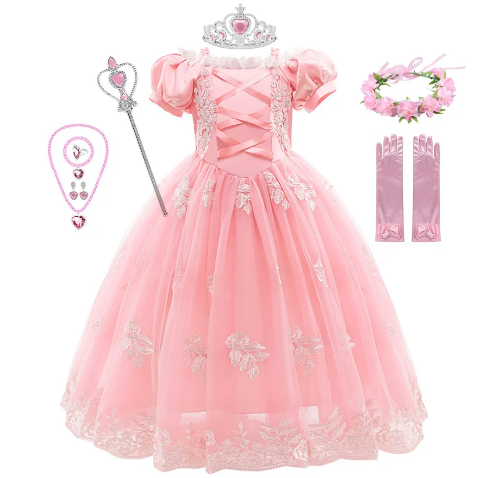 

Girl Cosplay Princess Aurora Rapunzel Dress Up Kids Christmas Halloween Tulle Fancy Costume for Children Girls Birthday Pink Dre