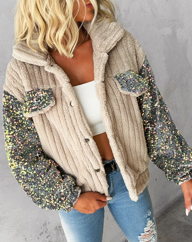Turn-down Collar Contrast Sequin Patch Teddy Jacket 2023 New Autumn Winter Women's Long Sleeve Colorblock Casual Jacket Coat