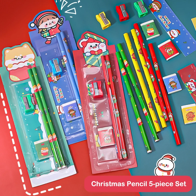 

5Pcs Christmas Stationery Set Cute Pencil Sharpener Eraser Ruler Set Gift For Kids School Office Writing Supplies Stationary
