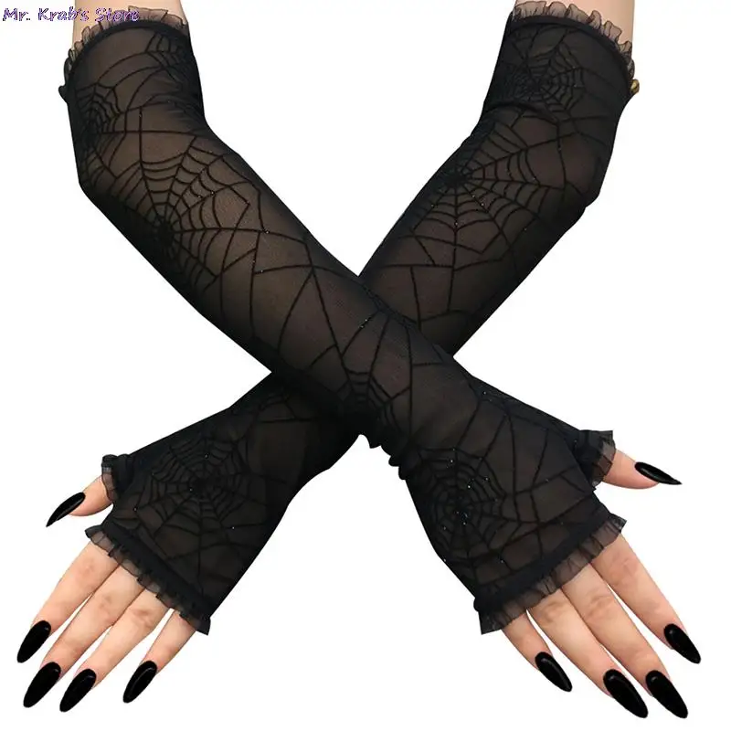 

New Women's Half Finger Spider Web Pattern Gloves Props Cosplay Performance Gloves For Halloween Decoration Dress Up Dance Party