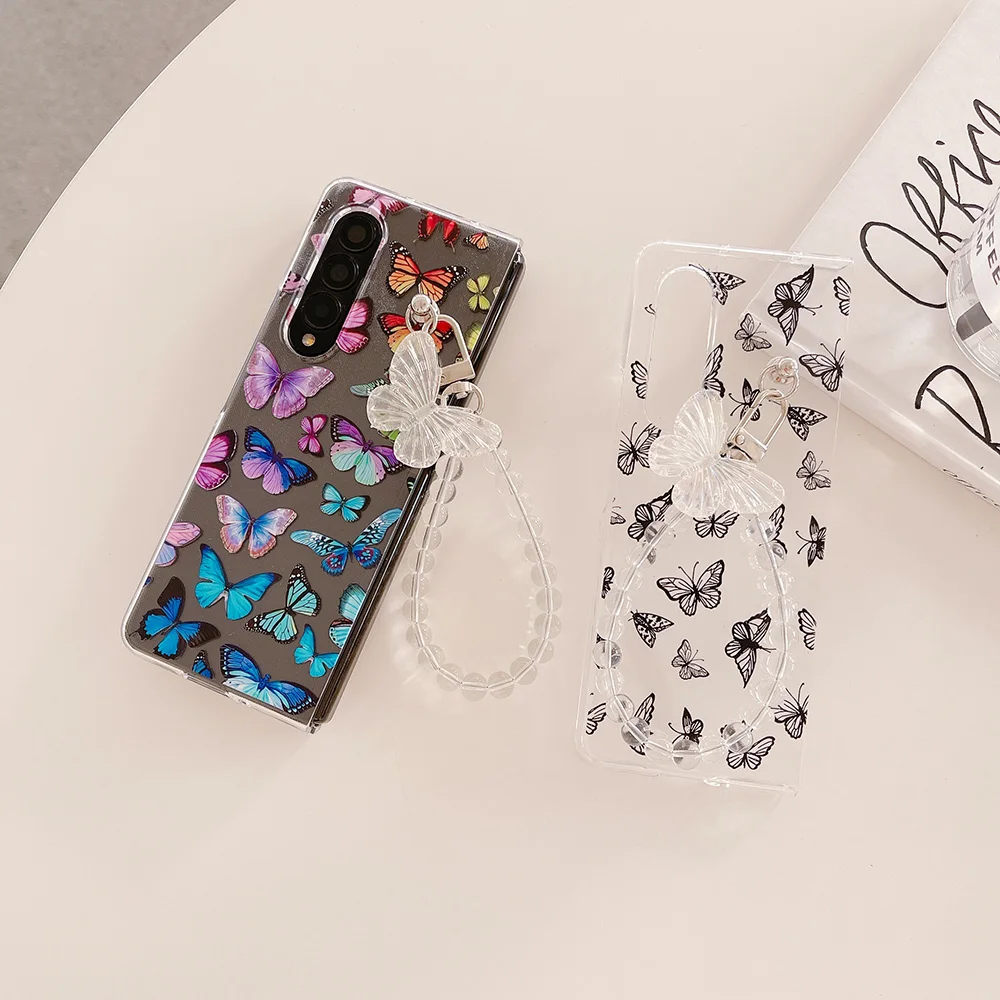 

For Samsung Galaxy Z Fold 4 3 Case Cute Butterfly Painted Bracelet For Z Fold4 Fold3 Case Transparent Shockproof Hard Back Cover