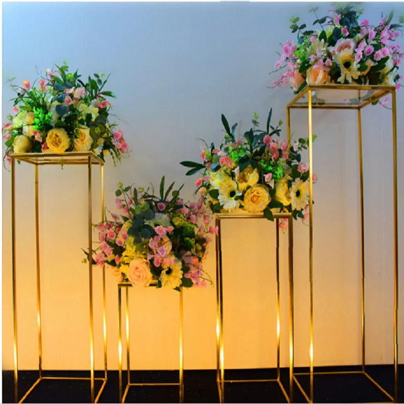 4pcs Shiny Gold Iron Plinths Pillar Cake Holder Metal Frame Backdrops