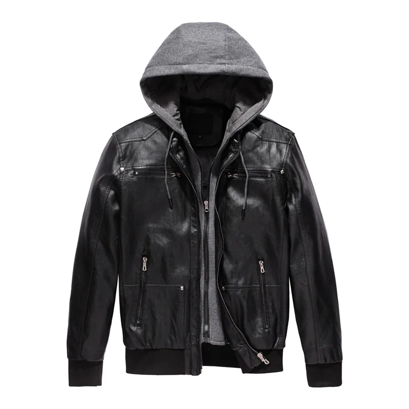 2023 Large men's European and American detachable hats,  PU leather clothing, hooded jacket, plush  jacket trend