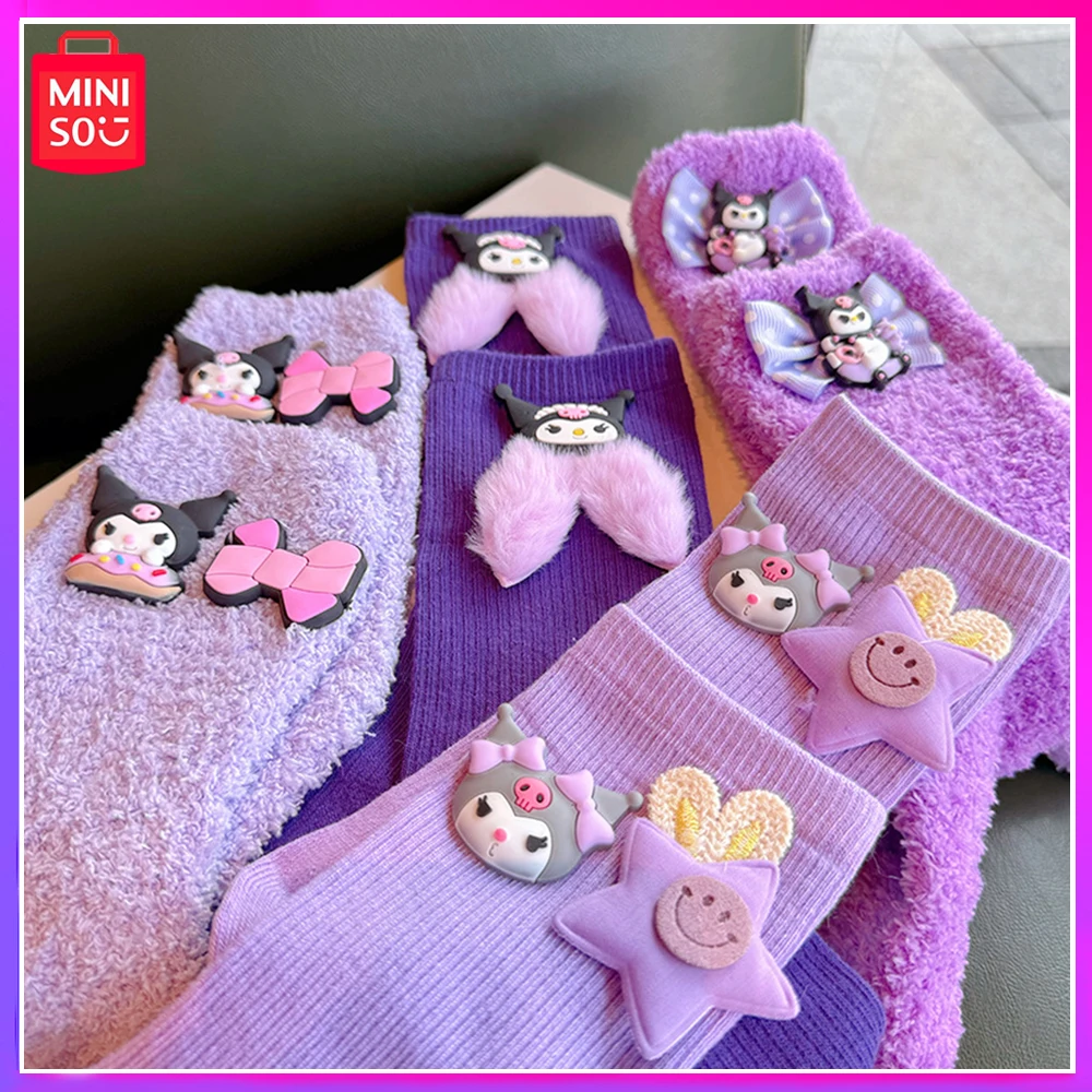 

Miniso Sanrio Kuromi New Winter Cute Fluffy Purple Rabbit Stocking Bow 3D Filled Cotton Midtube Socks Kawaii Christmas Girl Gift