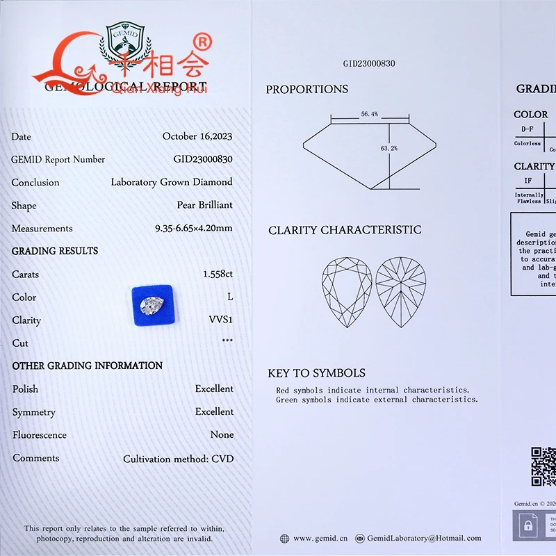 CVD Lab-Grown Diamond Loose Stone 1.1ct 1.5ct K-L Color VS1/VS1 Clarity Pear Shape GEMID Certified White Color Diamond