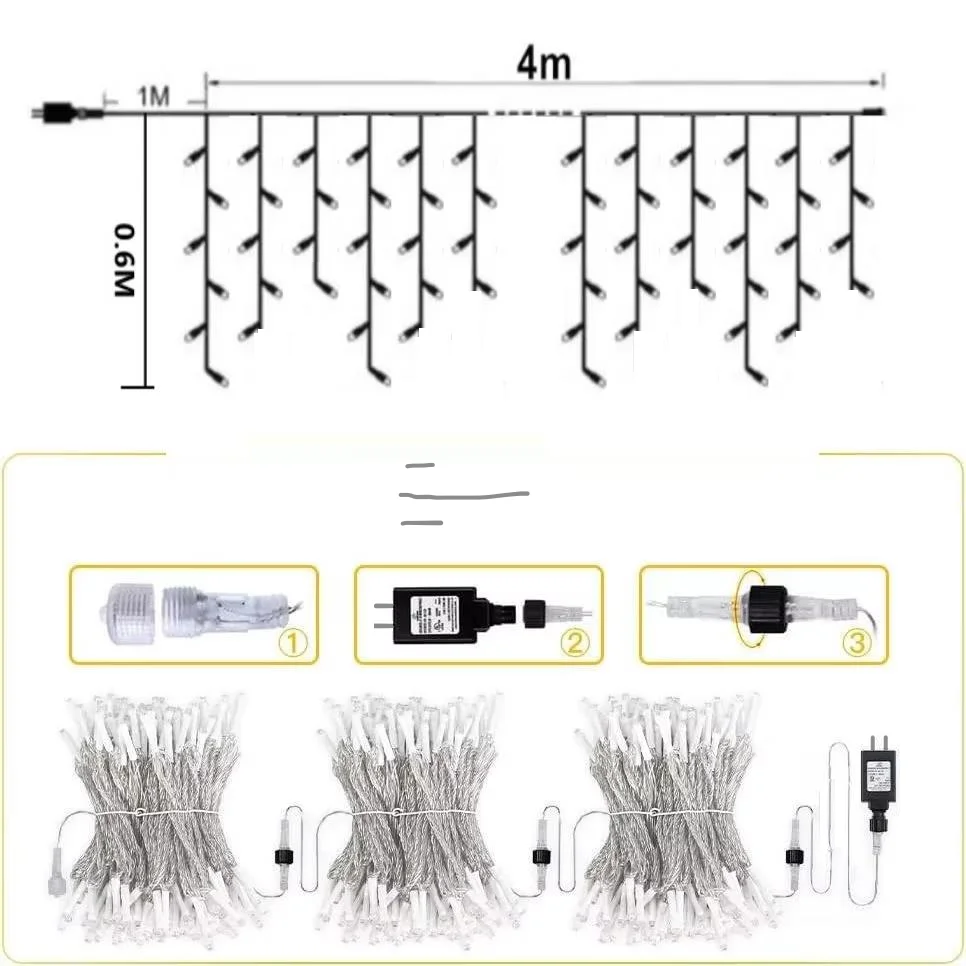 Warm White Icicle Lights Outdoor With Cold White Christmas Decorations 2026 Curtain Garlands 4M(W)*0.6M(H) New Year Festoon Led