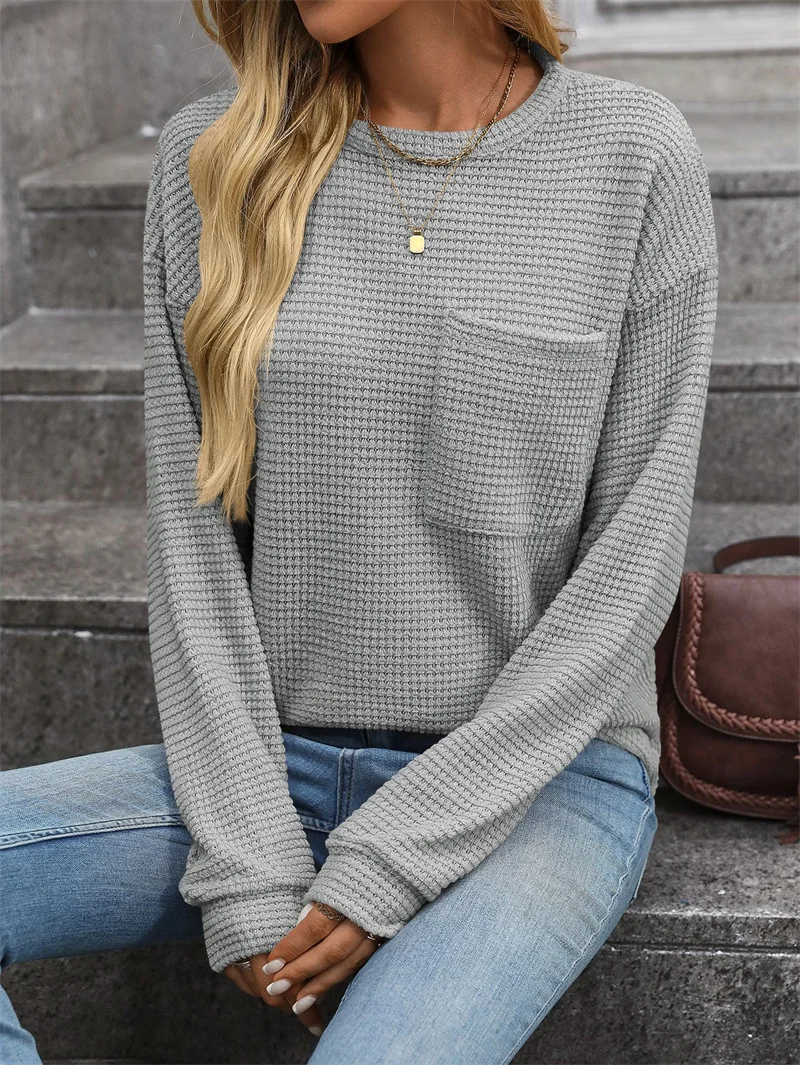 Women Fashion Solid Color Waffle Fabric Sweatshirt Single Pocket Patchwork O Neck Pullover Hoodie Female Autumn Long Sleeve Tops 6