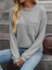 Women Fashion Solid Color Waffle Fabric Sweatshirt Single Pocket Patchwork O Neck Pullover Hoodie Female Autumn Long Sleeve Tops 6