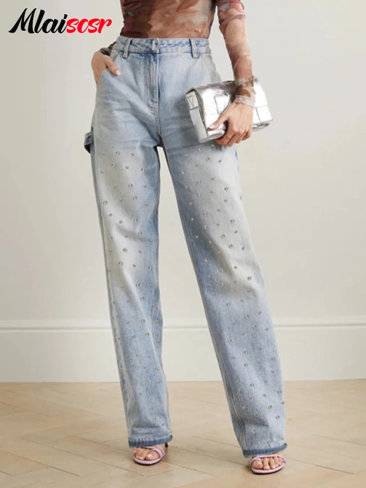 

Mlaiscsr High-quality Beading Baggy Jeans Women Blue High Waist Straight Denim Wide Leg Pants All-match Boyfriend Birthday Club