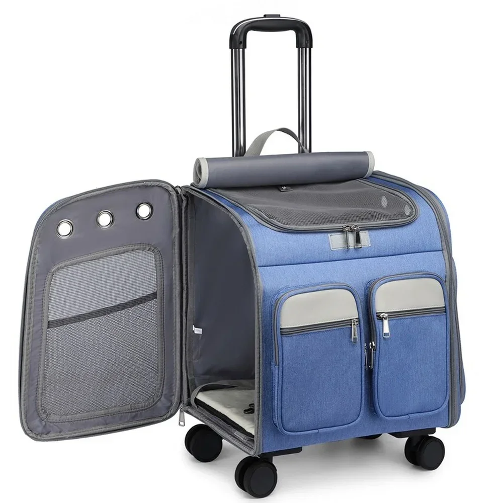 Pet Trolley Backpack Large Space Cat Carrier with Universal Wheel Foldable Pull Rod Small Animal Carrier
