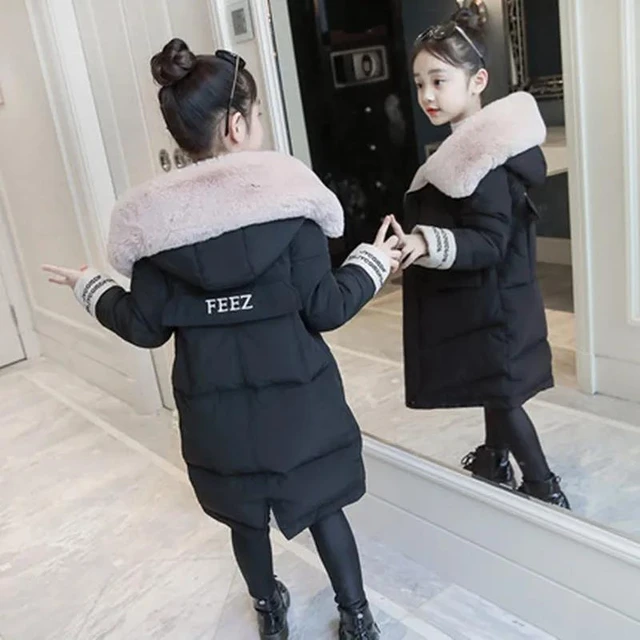 Korean Kids Girls Winter Fur Hooded Warm Long Woolen Coat Jacket Trench  Parka #