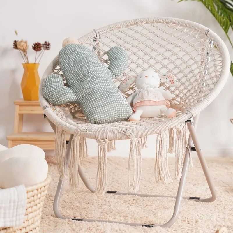 

Saucer Chair with Folding Metal Frame Cotton Handmade Round Cozy Chairs Exquisite Moon Chair for Bedroom Living Room Decor Beige