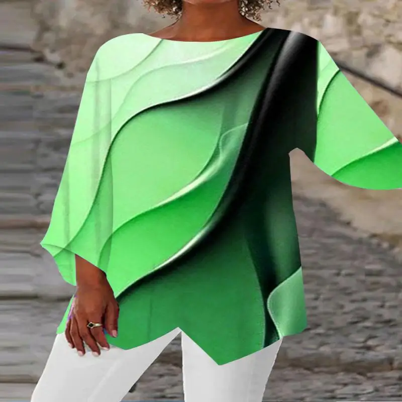 

Plus Size Women Asymmetrical 3/4 Sleeve Scoop Neck Gradient Printed Top