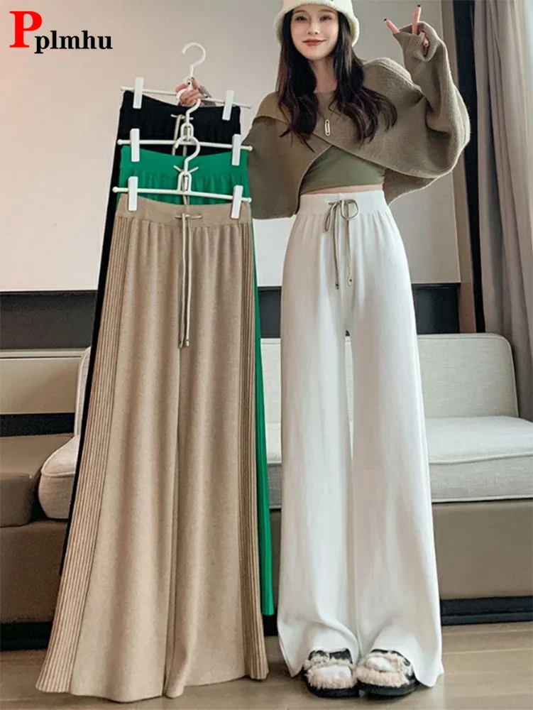 

Autumn Winter Knitted Wide Leg Pants Casual Womens High Waist Warm Straight Pantalones Korean Fashion Knit Baggy Soft Trousers