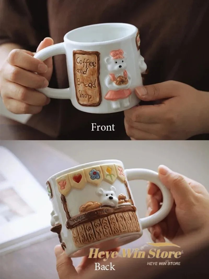 Relief Teddy Bear Handmade Ceramic Mug, Niche Girl Heart Coffee