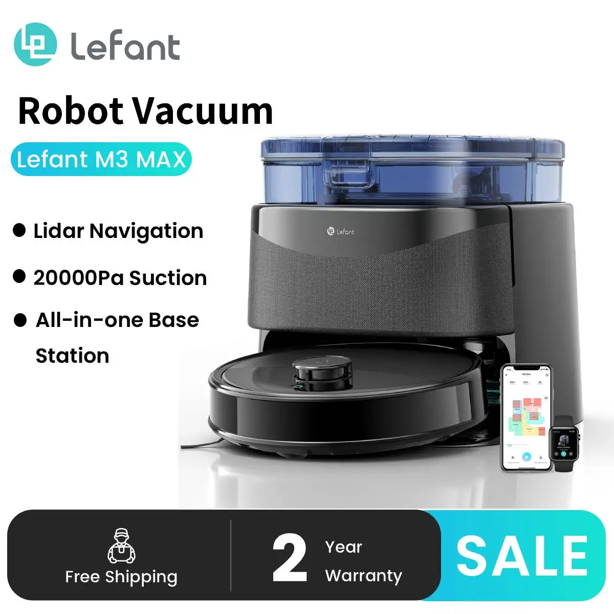 Lefant M3 Max Robot Vacuum Cleaner, All-in-one Base Station 20000 Pa Suction, LiDAR Navigation, 220 Min, Intelligent Voice Contr