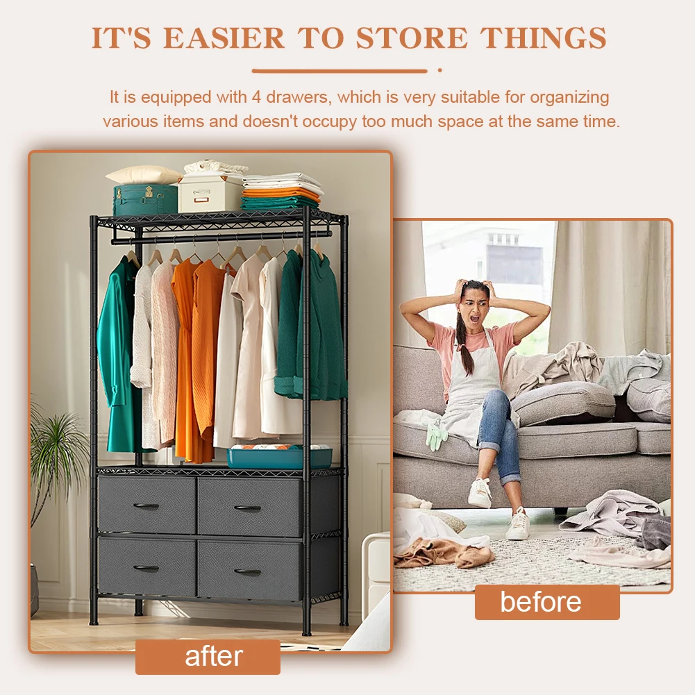 Metal Clothing Rack with 4 Large Fabric Drawers Clothes Hanging Rack on The Ground Adjustable Shelves Hanging Rack for Bedroom