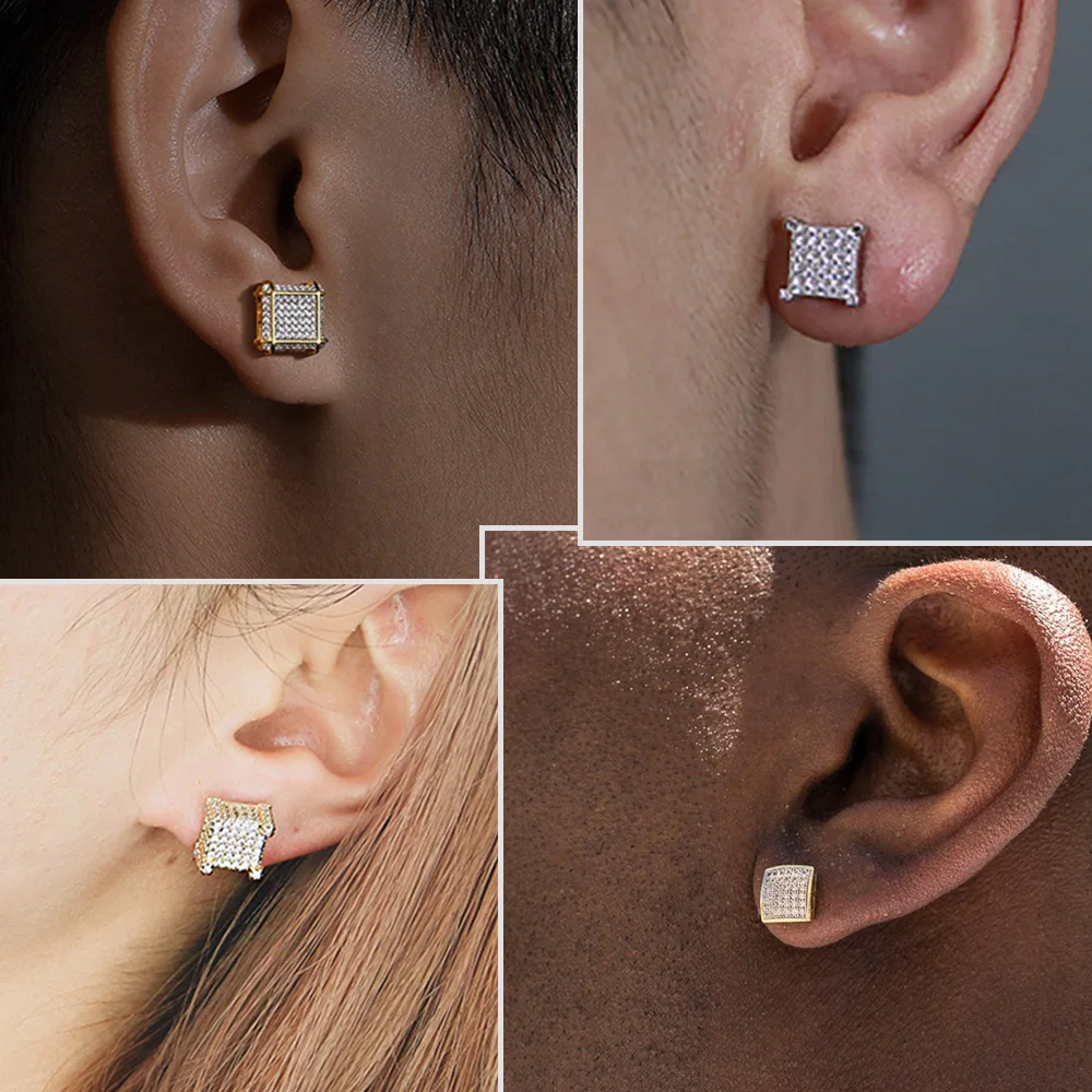 Hip Hop Ice Studded Earrings For Men Male Trend Cubic Zirconia Piercing Hiphop Gold Color Square Earring Jewelry Accessories 3
