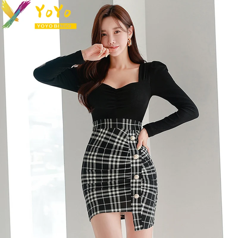 

Женское асимметричное платье в клетку, черное облегающее офисное платье с квадратным вырезом и рукавами-фонариками, весна 2024