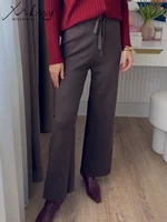 MiuKoMiYa Autumn Women Wide Knitted Pants Drawstring Warm Brown Loose Trousers High Waist Straight Wide Leg Pants Knit Cropped