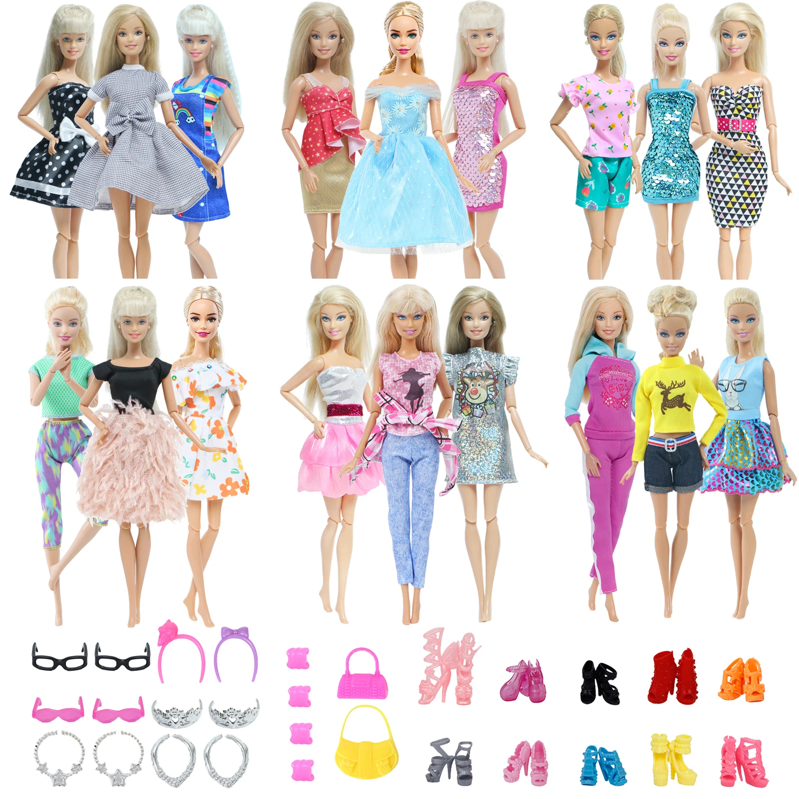 Vêtements et accessoires de poupée，Habits Barbie Accessoires 50 pcs，3 Robes  de Soirée，3 robes de fête，3 Tenues à La Mode，3 ensembles de maillots de  bain, 10 chaussures，pour poupée de 11,5 Pouces : 