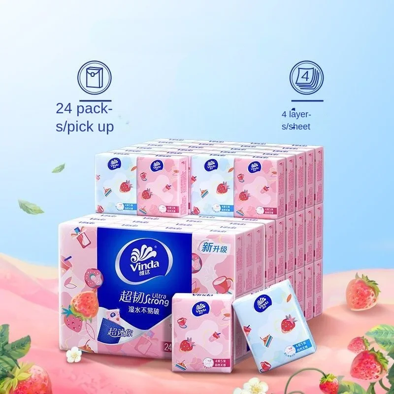 Sweetheart Strawberry Printed Tissue Paper 4 Layer Thickened Portable Small Pack Facial Tissue Student Napkins 48 Packs