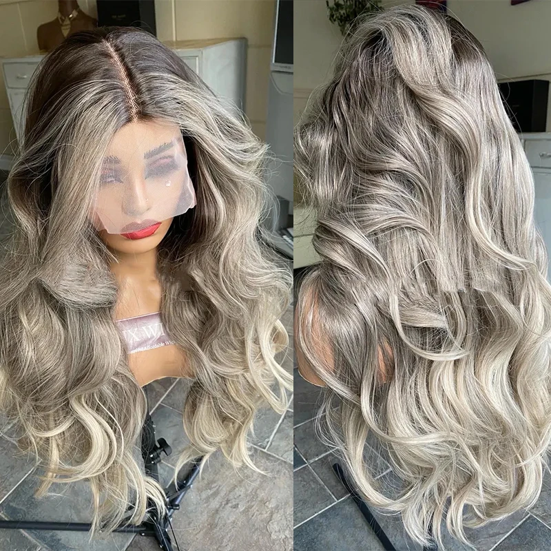 Dark Ash Blonde Grey Highlights Synthetic Blended Wigs 28 inches Long Body Wave Wig Ombre Dark Roots Lightwight Ladies Wig