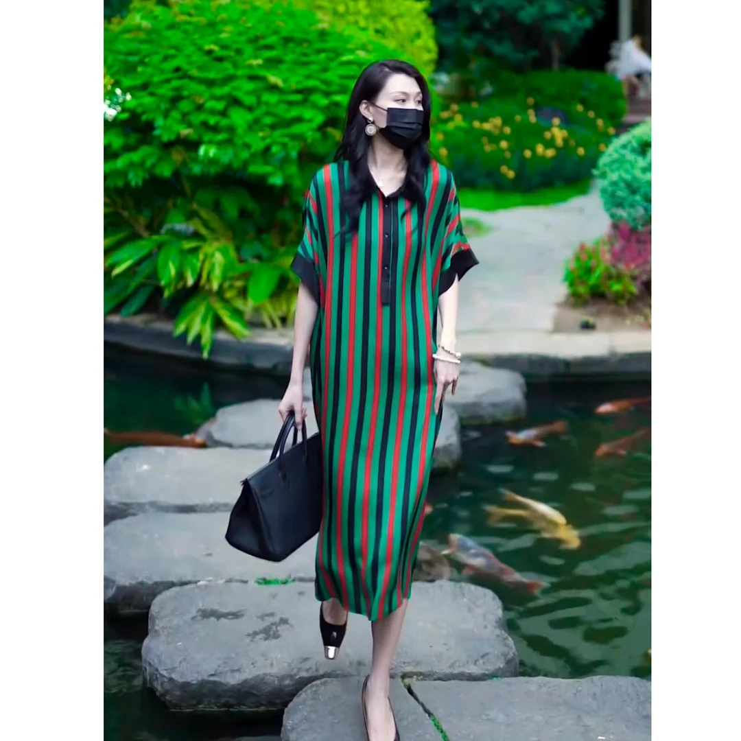 Women Green Striped Silk Long Sleeve Polo Collar Midi Dress Autumn Winter Elegant Dress 2024 Korean Vintage Party Dresses