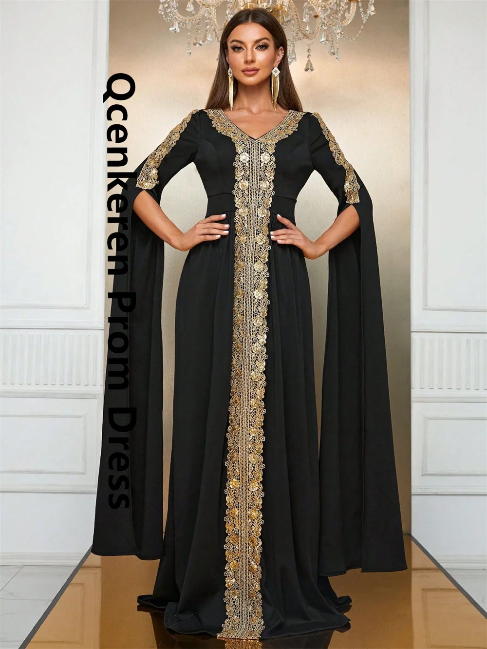 

Qcenkern V-neck Evening Formal Shining Formal Long Sleeves Party Dresses Gowns Women Robes de Soirée Saudi Arabia 2024