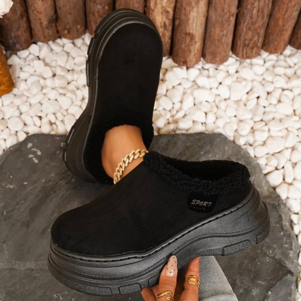 Faux Suede Wedges Cotton Slippers Women Outdoor Plus Size 45 Chunky Platform Snow Boots Woman 2025 Non Slip Warm Fluffy Slippers