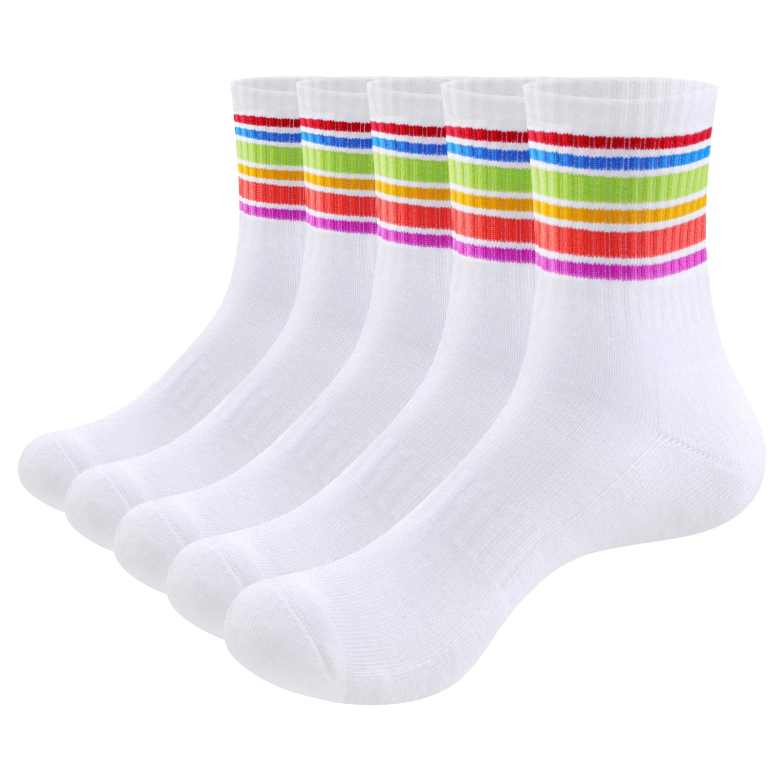 

YUEDGE 5 Pairs Mid Calf Crew Casual Stripes Socks,Novelty Cotton Rainbow Athletic Socks For Men&Women