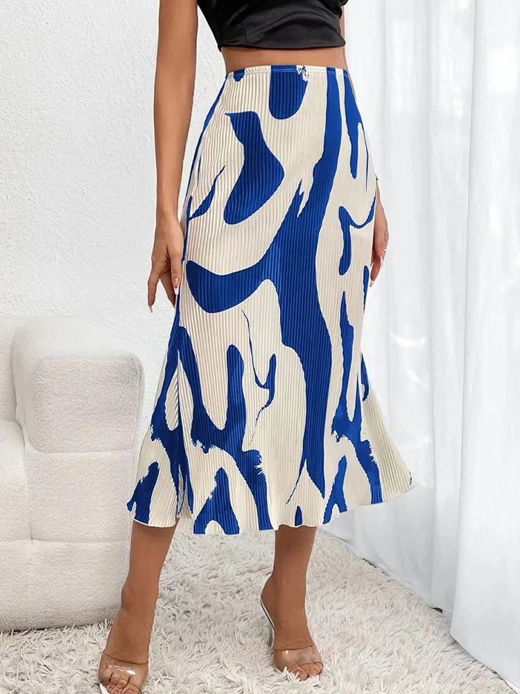 Women Trumpet Pleated Skirts 2024 Printed Mid-Calf long Elegant Sexy Skirts Elastic Waist pleated bodycon skirts for female
