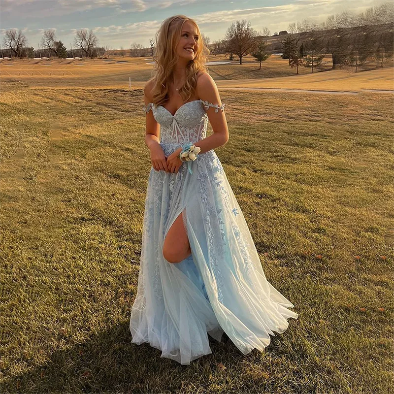 

BLUE Prom Dresses Sweetheart Lace Appliques A-line Evening Gown Off-the-shoulder Slit Floor-length Vestido De Noche for Women