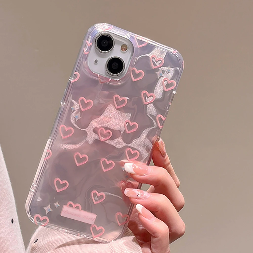 Korean Cute Gradient Love Heart Laser Phone Case For iPhone 15